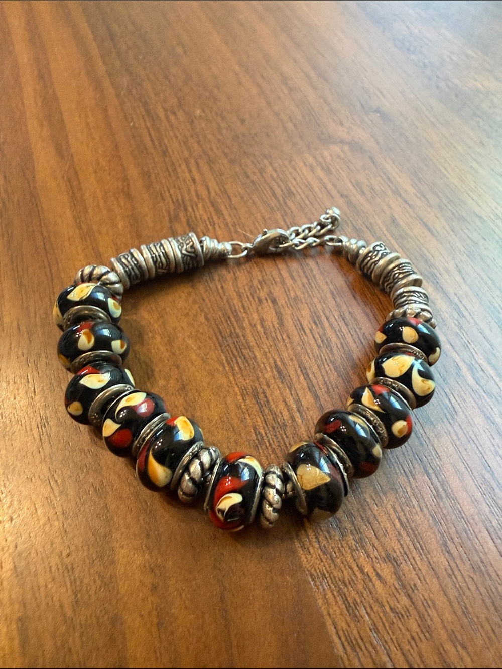 Black Bead Bracelet with Red & Cream Accents